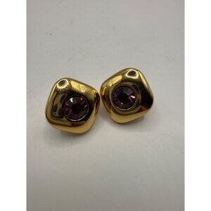 Vintage Signed Finart Gold-Tone Clip-On Earrings With Purple Rhinestones